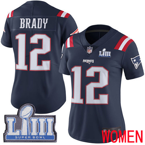 New England Patriots Football #12 Super Bowl LIII Bound Limited Navy Blue Women Tom Brady NFL Jersey